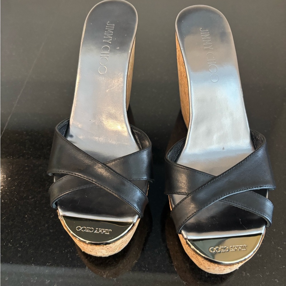 Jimmy Choo Black crisscrossing strap Leather Cork Wedges with Gold Accents